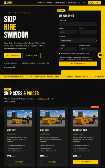 Website screenshot — LK Skips
